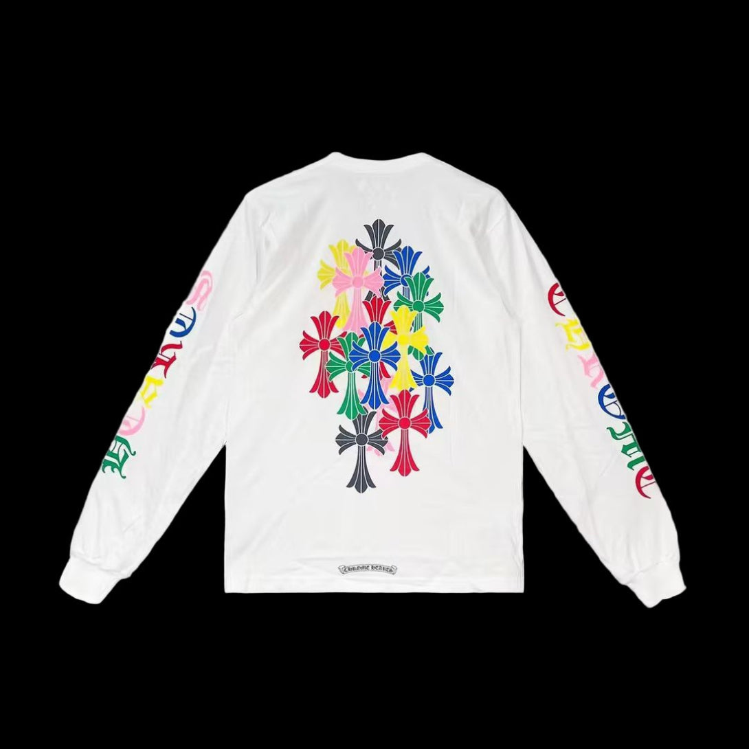White long-sleeve shirt with colorful floral design on a white background