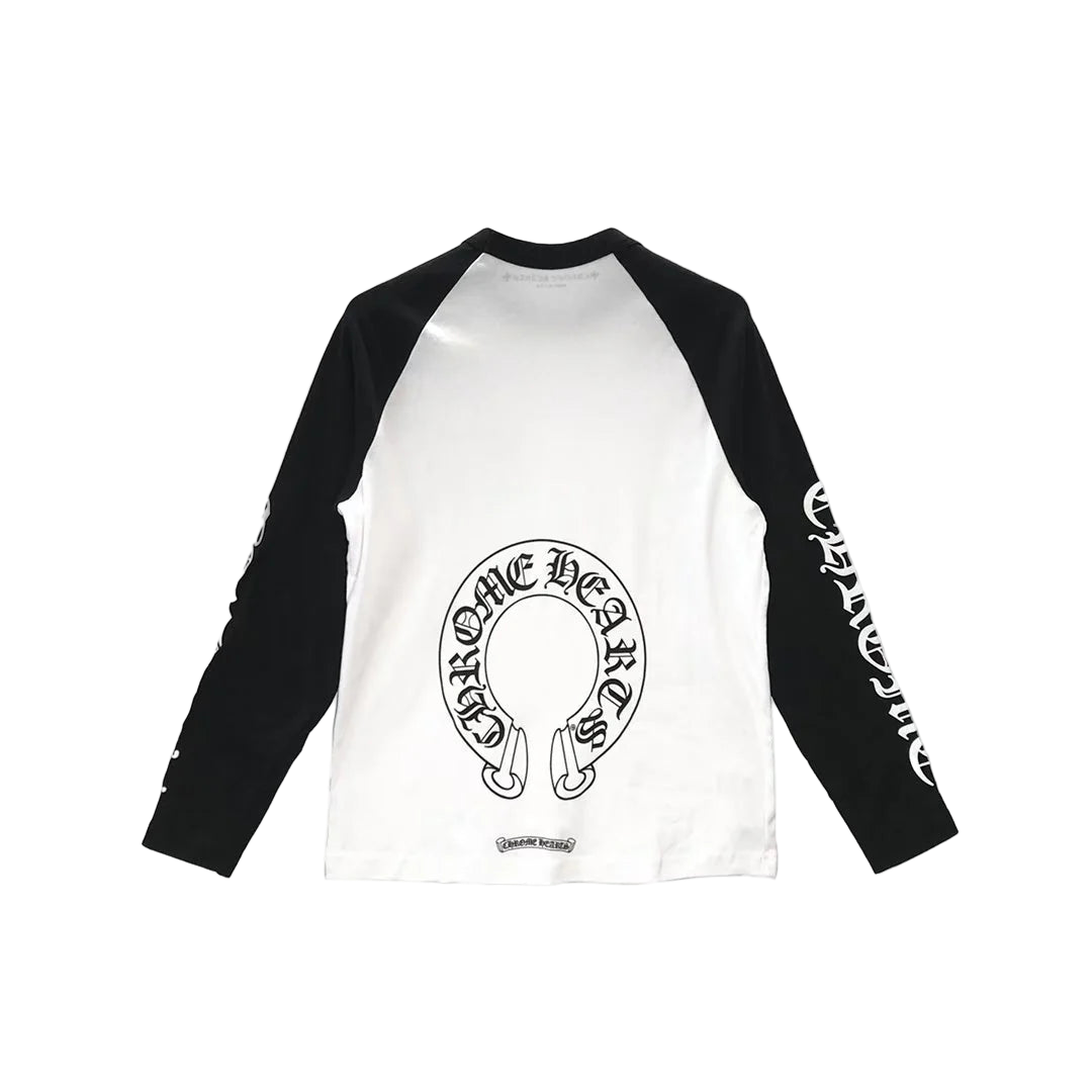 Black and white long-sleeve shirt with graphic design on a white background
