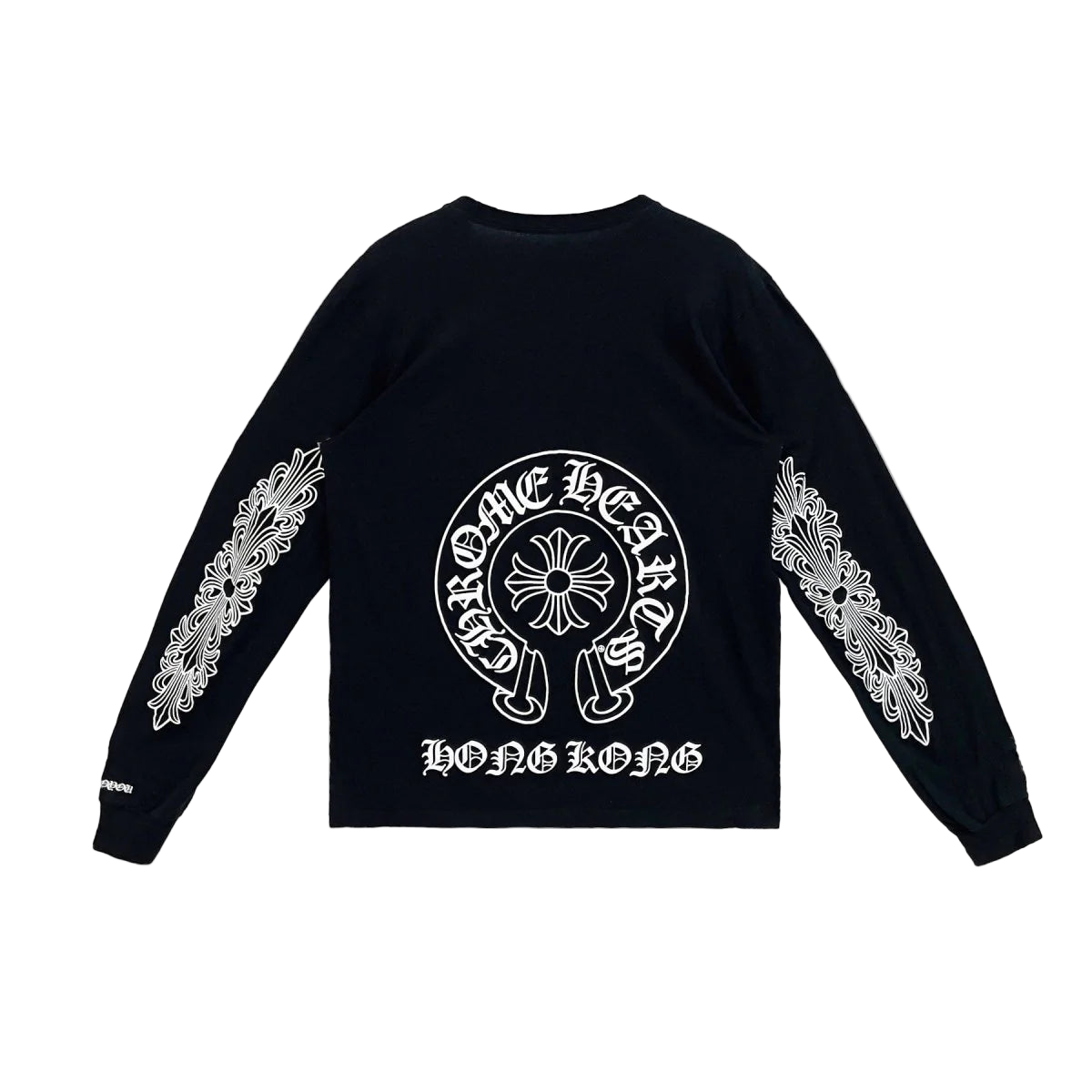 Black long-sleeve shirt with white text and designs on a white background