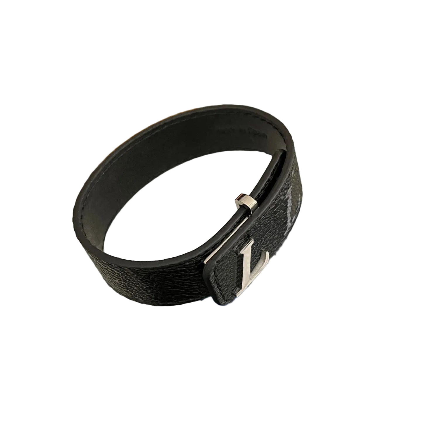 Black leather belt with silver buckle on a white background